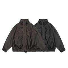 Threebooy Mens Leather Ins Trendy Brand American Windproof Motorcycle Leather Jacket Winter Casual Outdoor Versatile Jacket y2k Clothes