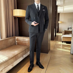 Threebooy Men's 2 Piece Set Suit Casual Elegante Style Slim Fit Dress Double Row Trendy Formal Wear For Wedding Groom