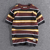 Threebooy Summer Splicing Pure Cotton Stripe Short Sleeve T-shirt Streetwear Amekaji Heavyweight Casual Male Round Neck Tshirt Tops Tee