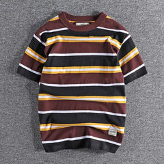 Threebooy Summer Splicing Pure Cotton Stripe Short Sleeve T-shirt Streetwear Amekaji Heavyweight Casual Male Round Neck Tshirt Tops Tee