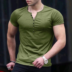 Threebooy Summer New European and American Men's Henley Shirt Solid Color Button Short Sleeve T-shirt