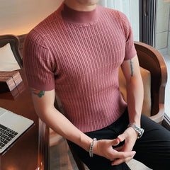 Threebooy Clothing Men Spring High Quality Short Sleeve Knit Sweater/Male Summer High Collar Knit T-Shirts Plus Size S-3XL