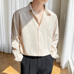 Threebooy Autumn Men's Long Sleeve Shirts Fashion Korean Baggy No-iron Business Casual Elasticity Lapel Collar Shirt White Light Blue