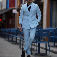 Threebooy Sky Blue Solid Suits for Men Fashion Peaked Lapel Double Breasted Outfits Smart Casual Wedding Tuxedo 2 Piece (Jacket+Pants)