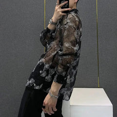 Threebooy Mens Shirt Mesh Flower Semi Transparent Sunscreen Jacket Summer Casual Versatile Breathable Personality Top Men's Clothing