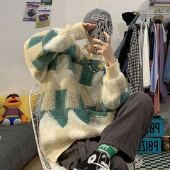 Threebooy Retro Round Neck Sweater Men's Trendy Lazy Style Loose Knit Sweater Couple's Sweater