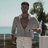 Threebooy Men's Vintage Collarless Solid Color Linen Shirt Casual Streetwear Lapel Button-down Long Sleeve Vacation Fashion Leisure Blouse