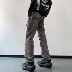 Threebooy Y2K Streetwear Vintage Black Ripped Stacked Jeans Pants For Men Clothes Old Straight Hip Hop Trousers Pantalon Homme