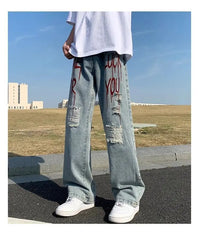 Threebooy High Street Ripped Printed Jeans for Men Loose Straight Legs for Teenagers Trendy Hip-hop Long Pants