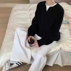 Threebooy Autumn Men's Clean Fit V-Neck Base Sweater High Street Fashion Solid Color Loose Knitted Pullovers New Y2K Knitwear Jumpers