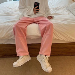 Threebooy Summer Pink Jeans Men Fashion Retro Pocket Cargo Jeans Men Streetwear Hip Hop Loose Straight Denim Pants Mens Trousers S-3XL