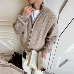 Threebooy New Japanese Retro Men Cardigan Jacket Winter Light Luxury Trendy Turtleneck Knit Zip-up Long Sleeve Sweater Coat Premium Outfit