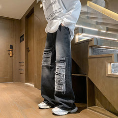 Threebooy Straight Trousers Wide Pants Ripped Jeans Streetwear American Vintage Luxury Man Jeans Baggy New Men's Clothing