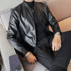 Threebooy Autumn Winter Stand Collar Loose Casual PU Lether Jacket Male Zipper Coat Men Trend Fashion Cardigan Top Outwear