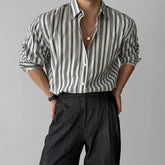 Threebooy New Naples Business Men Shirts Light Luxury Textured Lapel Striped Long Sleeve Cardigan Leisure Premium Commuter Blouse M-2XL