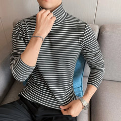 Threebooy Black Gray Men High Collar Long-Sleeve T-Shirt Men T-Shirt Stripe Slim Fit T-Shirt Men Shirt Vintage Basic Cotton Shirt