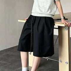 Threebooy Men Summer Casual Cropped Pants Drawstring Waist Straight Fit Streetwear Lightweight Breathable Solid Color Shorts