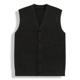 Threebooy New Luxury Casual Men Sweater Vest Leisure Trendy Knit V Neck Button-down Solid Color Sleeveless Cardigan Retro Basic Waistcoats