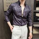 Threebooy Spring New Fashion V Neck Long Sleeve Floral Shirts for Men Clothing Slim Fit Casual Prom Tuxedo Chemise Homme Streetwear