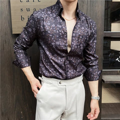 Threebooy Spring New Fashion V Neck Long Sleeve Floral Shirts for Men Clothing Slim Fit Casual Prom Tuxedo Chemise Homme Streetwear