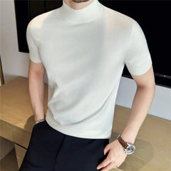 Threebooy Autumn Winter Solid Color Semi High Neck Sweater Men's Slim Fit Knitted Short Sleeved Casual T-shirt Business Base Pullover