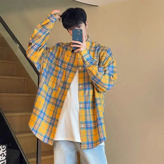 Threebooy Casual Yellow Plaid Long-sleeved Lapel Shirt Versatile Loose Jacket for Men and Women Couples