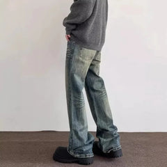 Threebooy Vintage American Style Men's Straight-Leg Slimming Long Jeans Distressed Washing Denim Pants Trendy Brand Bootcut Pants