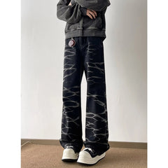 Threebooy Y2K Streetwear Tie Dye Washed Black Baggy Jeans Pants For Men Clothes Straight Hip Hop Long Trousers