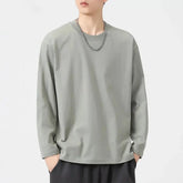 Threebooy Men's Spring and Autumn New Splicing Pullovers O-Neck Fashion Solid Color Loose and Versatile Casual Long Sleeve Tops