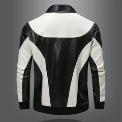 Threebooy Men's leather jacket, new men's PU motorcycle suit jacket, color blocked fashionable leather jacket for men