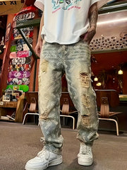 Threebooy American-Style Streetwear Washed Vintage Ripped Jeans for Men, Spring and Autumn Straight Loose Fit, European and American High Street Vibe Style Long Pants