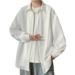 Threebooy White Long Sleeved Shirt Men Fashion Black Casual Shirt Men Streetwear Korean Loose Pleated Shirt Mens Ice Silk Shirts M-3XL