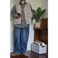 Threebooy Japan Cityboy Style Jacket Retro Work Clothes Striped Shirt Vest Korean Streetwear Men Women Loose Trendy Long-sleeved Jacket