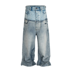 Threebooy CUT-UP Double-layer Double Waist Patchwork Baggy Jeans for Men and Women Straight Casual Loose Denim Trousers Oversized