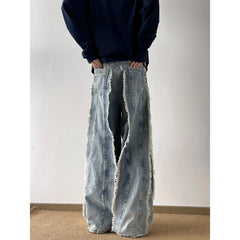 Threebooy Destroyed Stitching Jeans Men's Rough selvedge Blue Washed Jeans Gothic Style Street Trend Clothing Retro Loose Wide Leg Pants