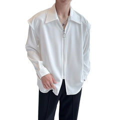 Threebooy Fake Two Piece Solid Zipper Chic Shirt Turn-down Collar Handsome Long Sleeve Shirts Man Streetwear Casual Men's Clothing