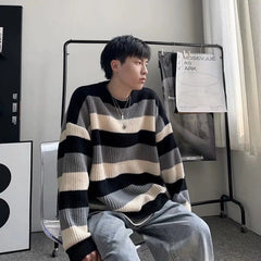 Threebooy Man Clothes Striped Long Knitted Sweaters for Men Brown Pullovers S 90s Vintage Y2k A Korean Autumn Jumpers Neck Overfit X