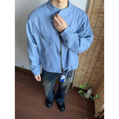 Threebooy Punk Spliced Jacket High-end Blue Short Work Cargo Coat Men's Handsome Trendy Solid Color Zipper Jacket All-match Top