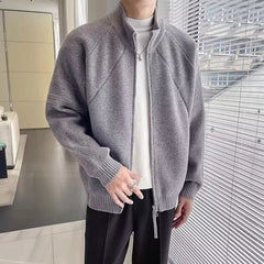 Threebooy Winter Korean Fashion Stand Collar Zipper Sweater Man Casual Loose Knitted Cardigan Streetwear Elegant Y2K Vintage Knit Jackets