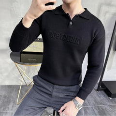 Threebooy New Style Men's Lapel Long Sleeves Knitted Sweaters/Male Slim Fit Fashion Long Sleeve Pullover Man Letter Printing Sweaters 3XL