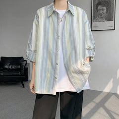 Threebooy Summer Striped Long-sleeved Shirt Men Fashion Mens Thin Sun-proof Clothing Korean Loose Casual Shirts Mens Streetwear Tops