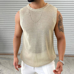 Threebooy Mens Hollow Knitted Sports Fitness Vest Casual Breathable Personality Fashion All-Match Solid Color Sleeveless Tank Top Summer