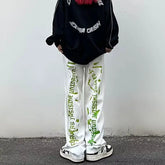 Threebooy Vibe Style Pants Graffiti Tie-dye Printed Jeans Men and Women Straight Trousers
