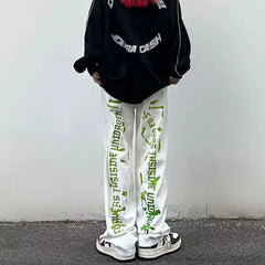 Threebooy Vibe Style Pants Graffiti Tie-dye Printed Jeans Men and Women Straight Trousers