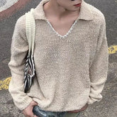 Threebooy Y2K Mens Sweater V-Neck Knitted Long Sleeve Hoodie Autumn Casual Lazy Chic Daily Solid Color Korean Couple Clothing Unisex