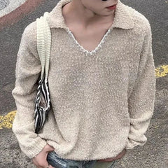 Threebooy Y2K Mens Sweater V-Neck Knitted Long Sleeve Hoodie Autumn Casual Lazy Chic Daily Solid Color Korean Couple Clothing Unisex