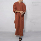 Threebooy Men's Muslim Robes Solid Color Long Sleeve Cotton Pockets Robes Button-down Leisure Vintage Islamic Arab Kaftan Dubai Male New