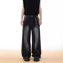 Threebooy American Street Retro Washed Rivet Design Niche Jeans Men Autumn And Winter New Fashion Straight Wide-Leg Mopping Trousers Men