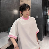 Threebooy Men Loose Fit Round Neck Contrast Collar Tshirt Trendy Streetwear Casual Comfort Top Unique Style Summer Fashion Daily Wear