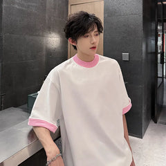 Threebooy Men Loose Fit Round Neck Contrast Collar Tshirt Trendy Streetwear Casual Comfort Top Unique Style Summer Fashion Daily Wear